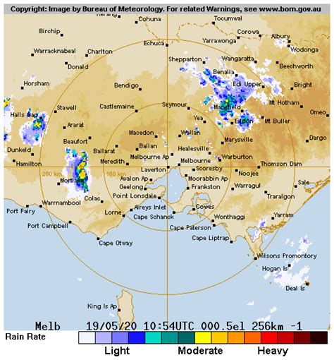Melbourne radar loop  Provides access to meteorological images of the Australian weather watch radar of rainfall and wind